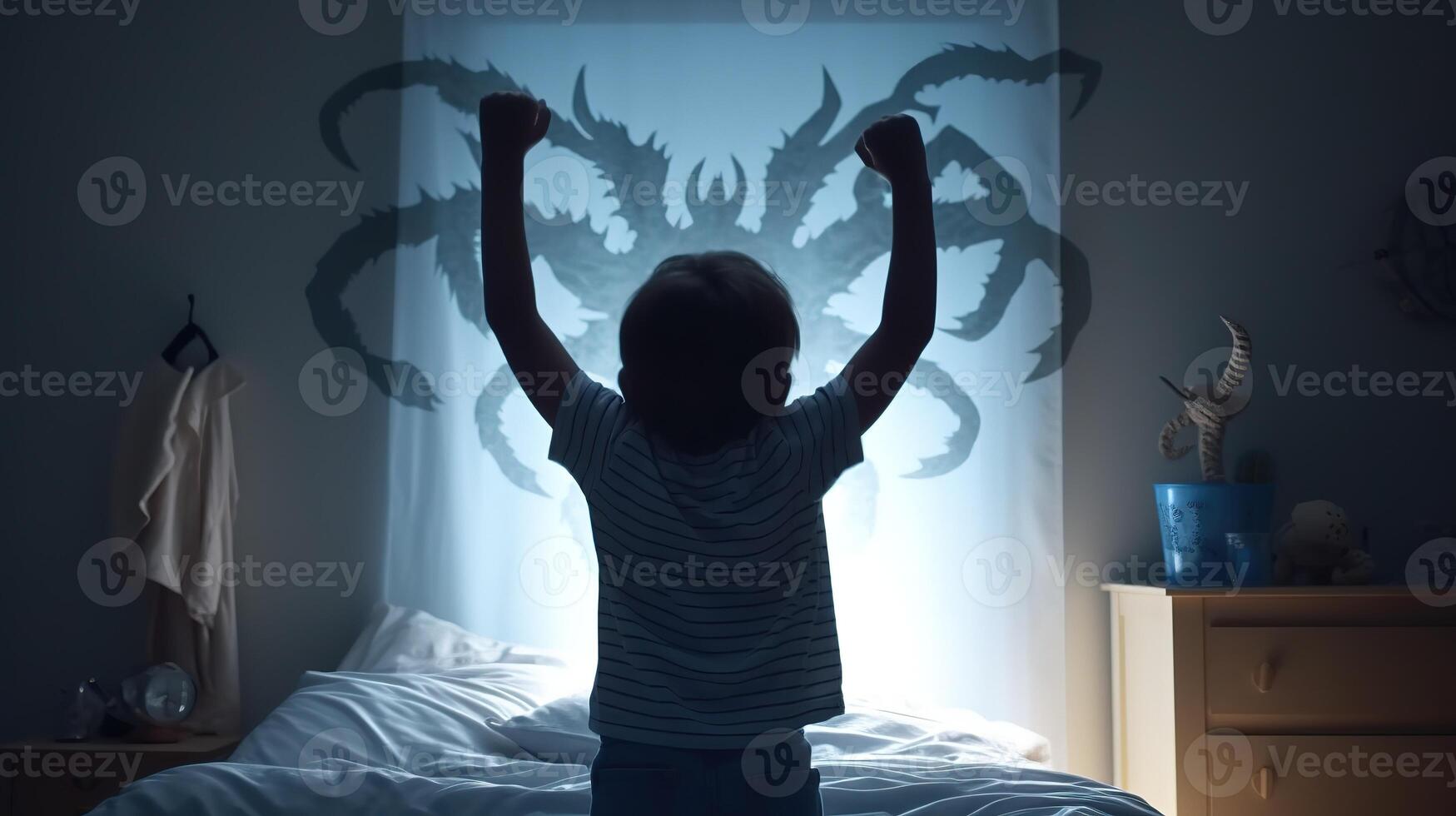 Facing Fears, Brave Kid Confronts Nightmares and Imaginary Monsters. photo