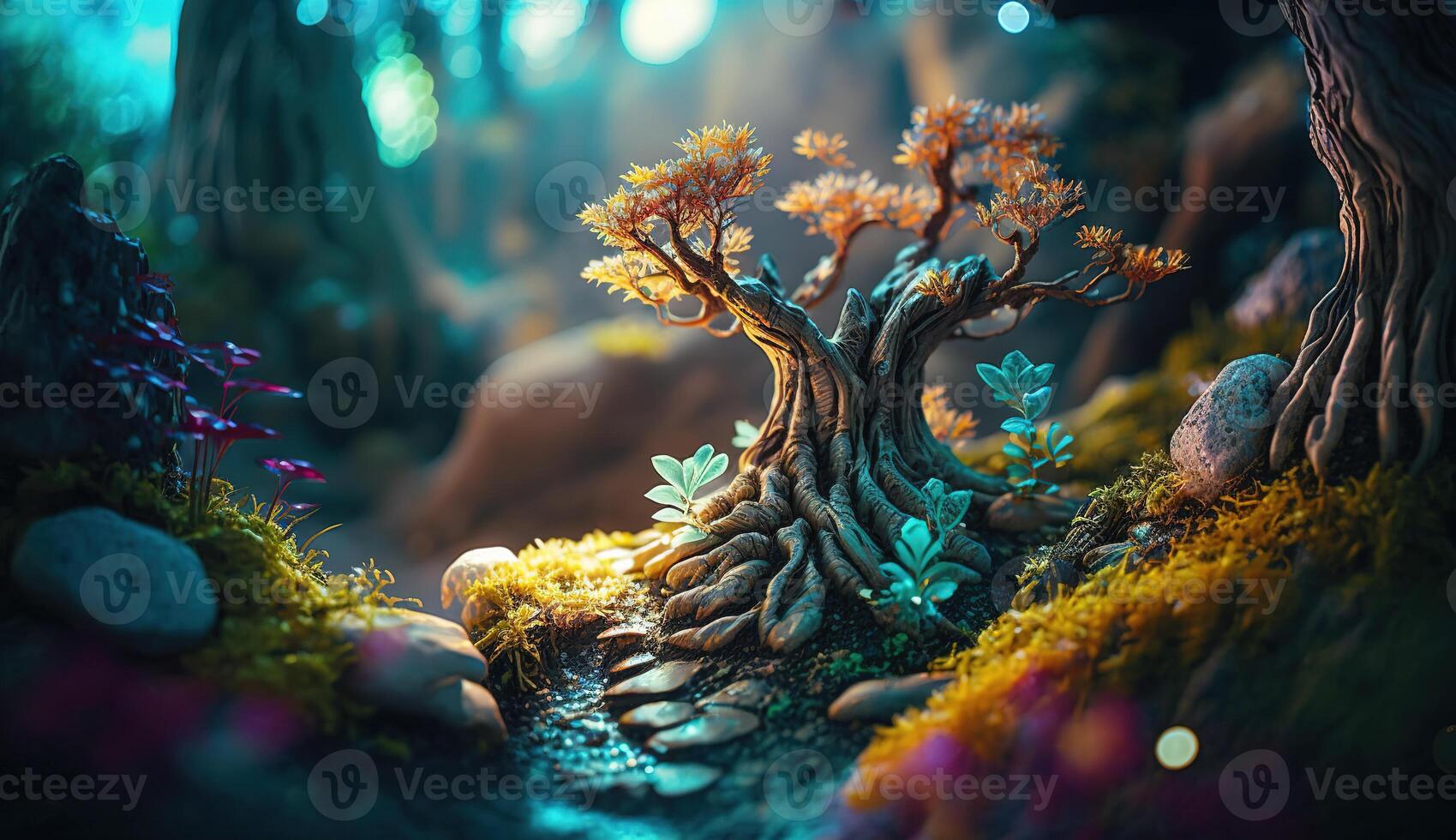 A Fantasy Forest with Glowing Trees and Luminescent Flowers. photo