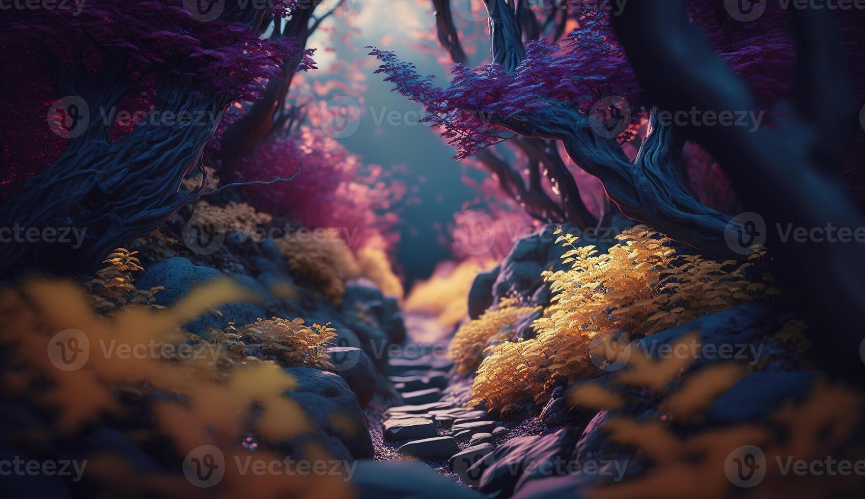 A Fantasy Forest with Glowing Trees and Luminescent Flowers. photo