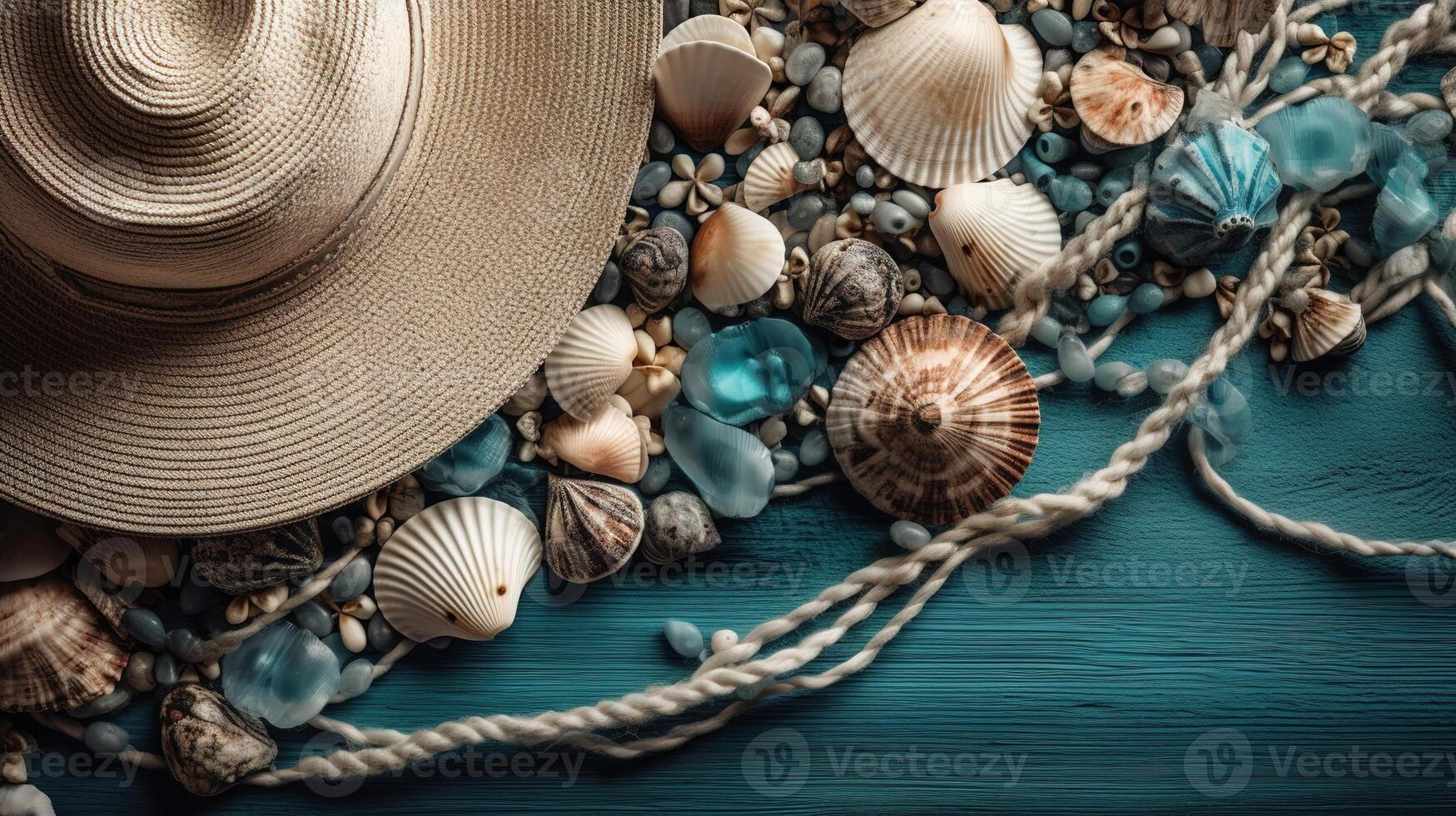 un verano plano laico de conchas y un sombrero en el playa. generativo ai foto