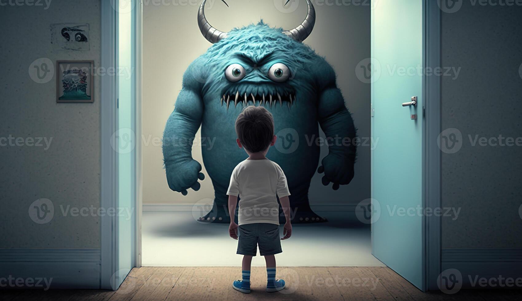 Facing Fears, Brave Kid Confronts Nightmares and Imaginary Monsters. photo