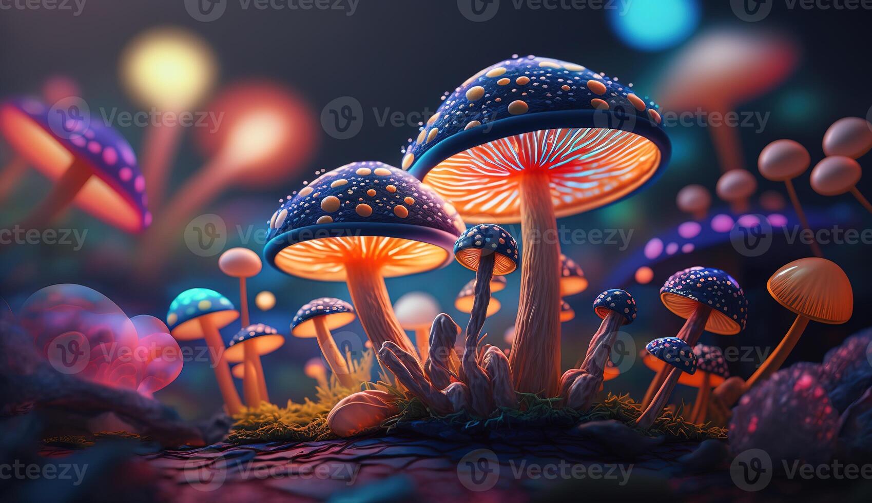 Luminous Colorful Mushrooms in a Psychedelic Space Fantasy. photo