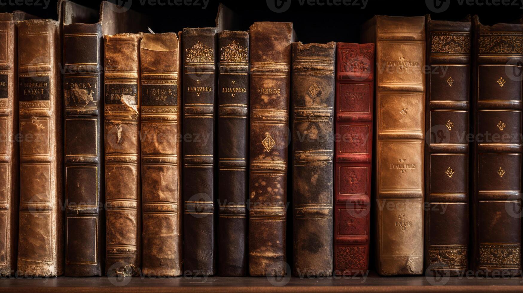 A Stack of Antique Leather Books in a Vintage Library. photo