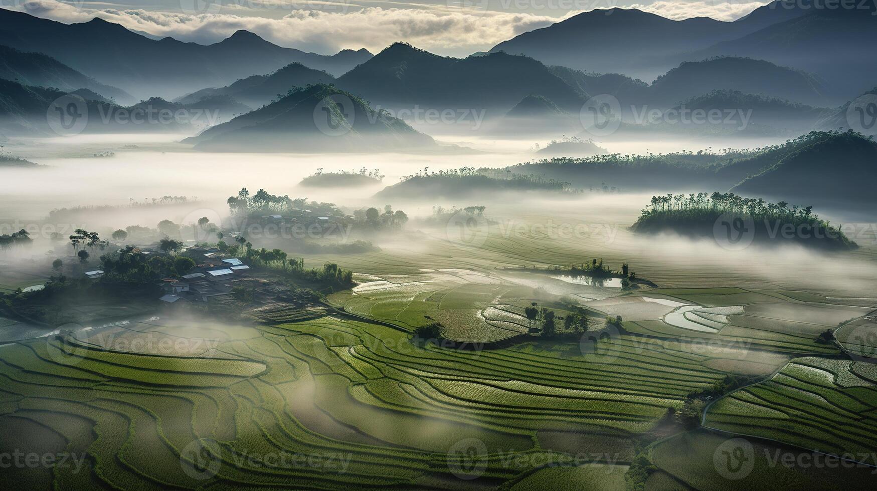 Majestic Mountains and Misty Paddy Fields. photo