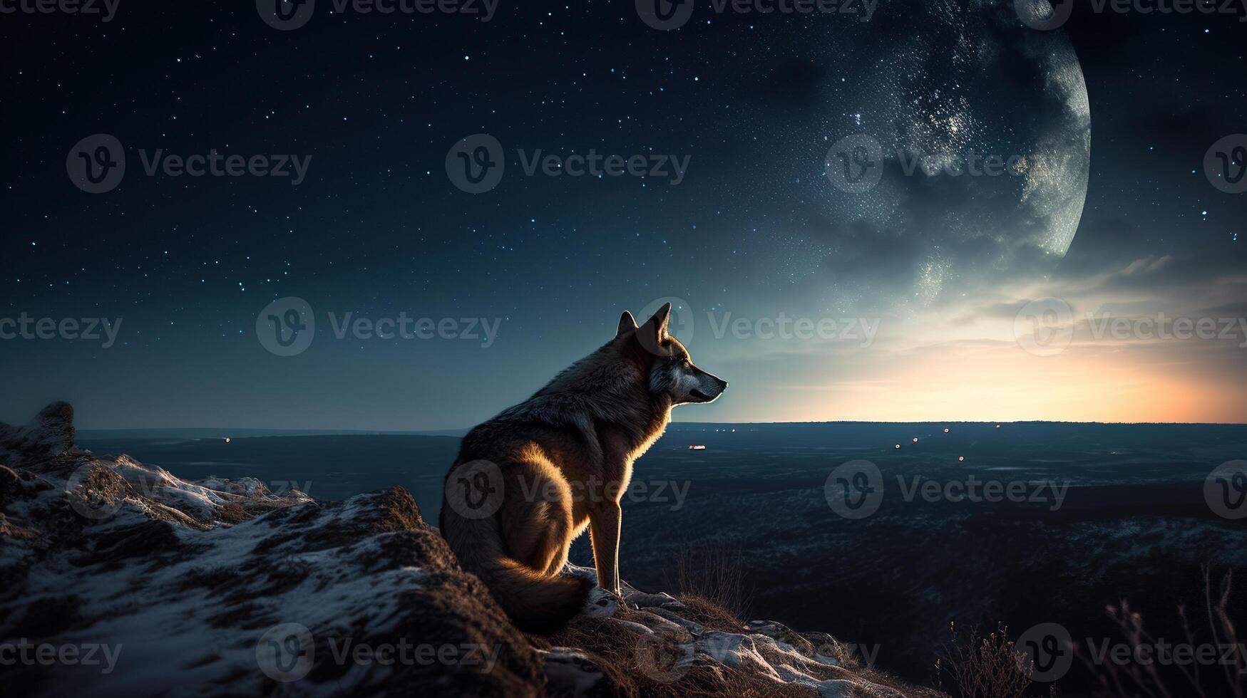 majestuoso lobo mirando a el de luna cielo. generativo ai foto