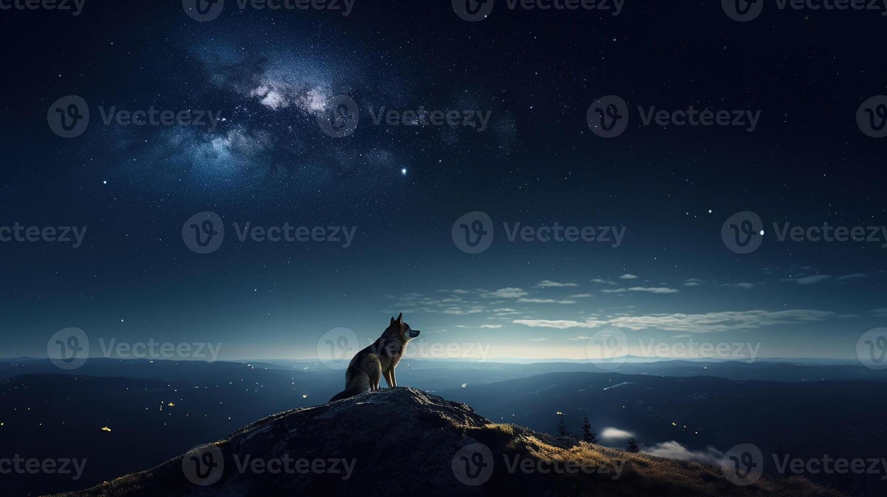 majestuoso lobo mirando a el de luna cielo. generativo ai foto