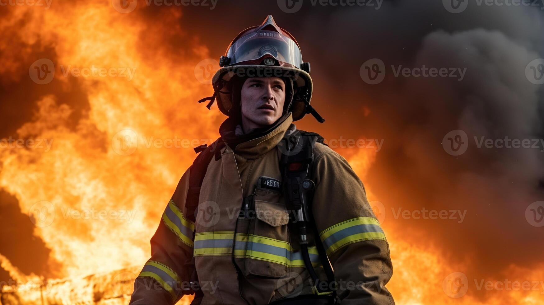 The Heroic Firefighter Battling an Epic Blaze. photo