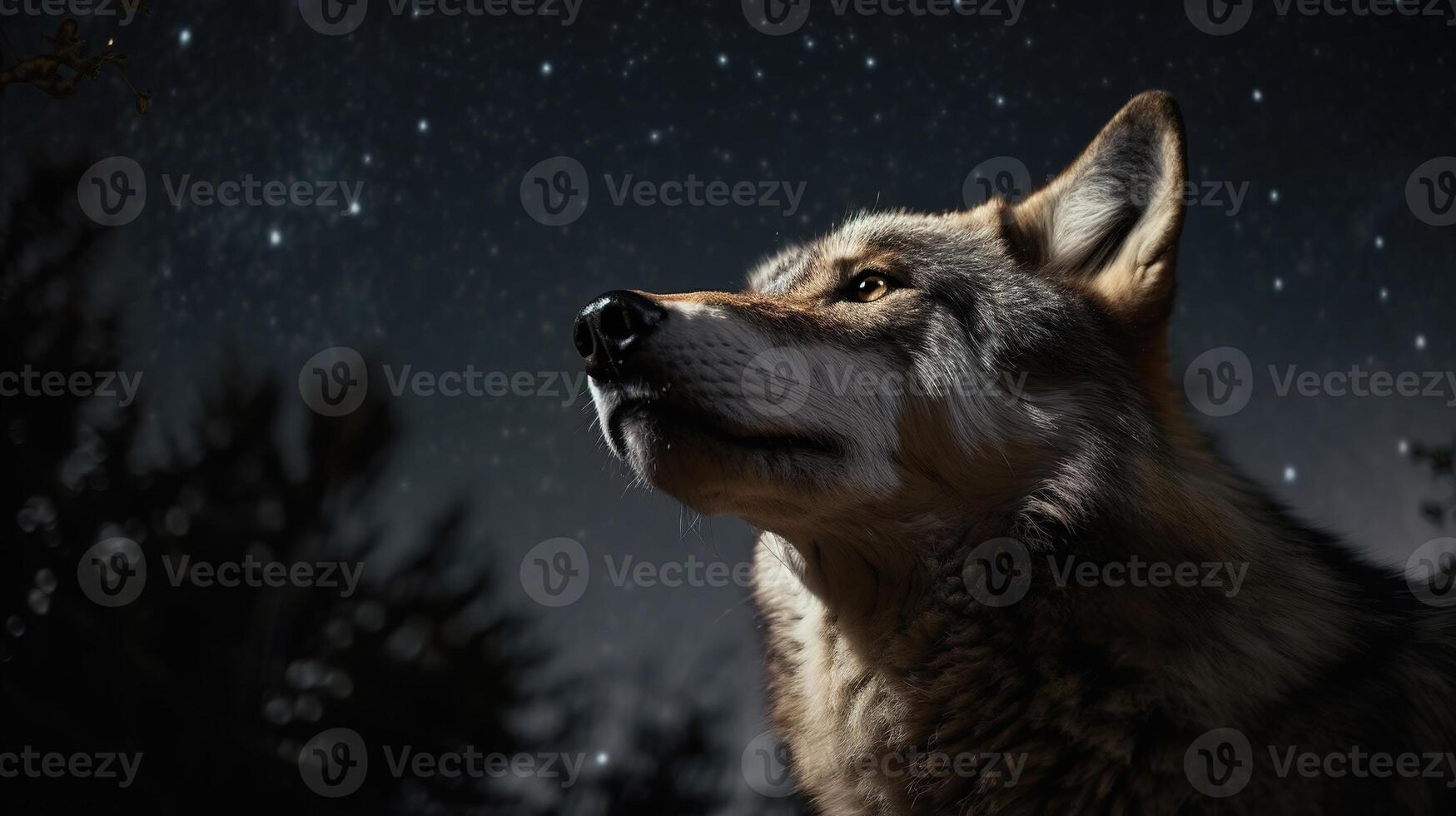 majestuoso lobo mirando a el de luna cielo. generativo ai foto