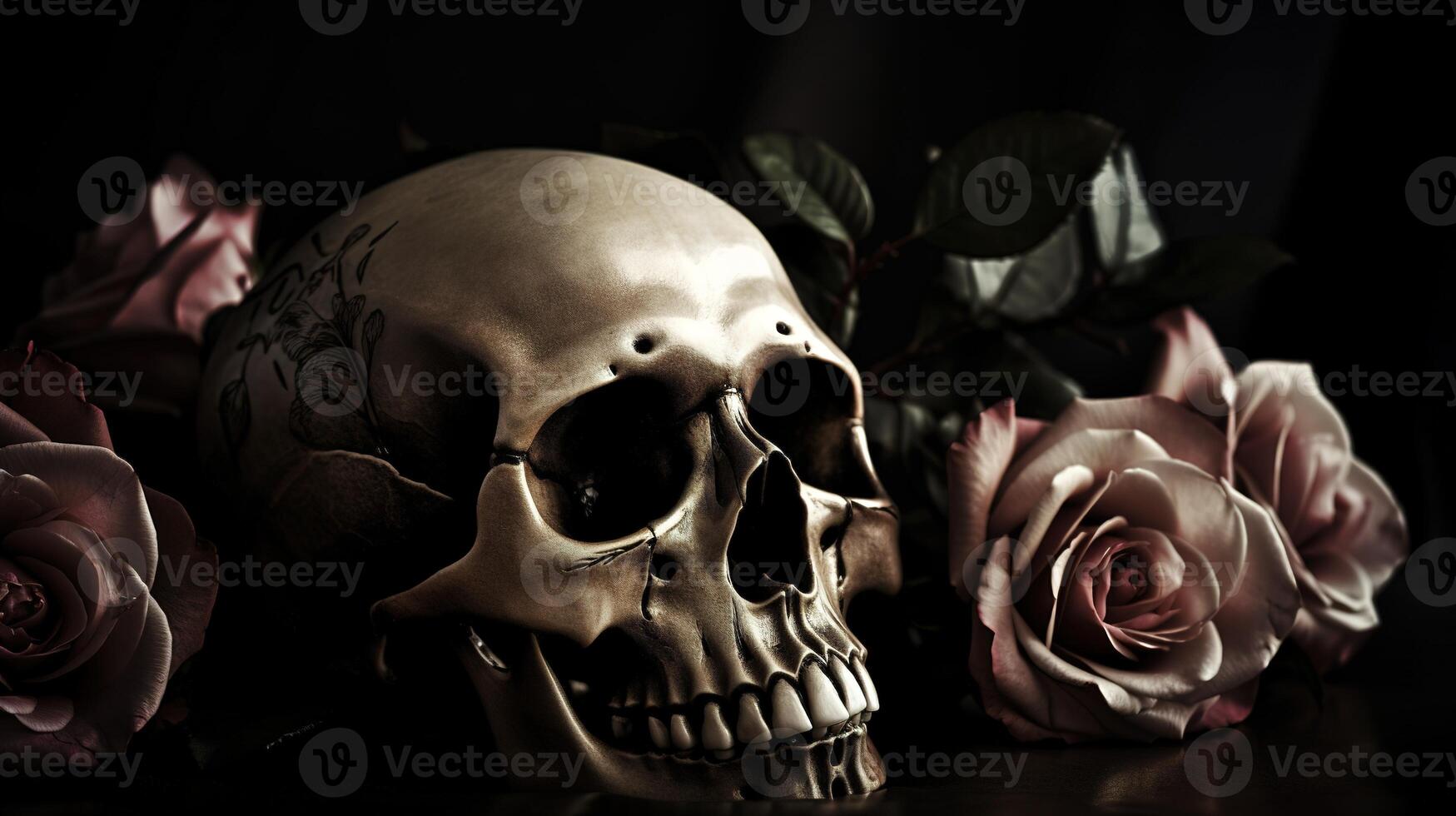 Skull with roses. Human Skull in Beautiful Flowers. Halloween images. Day of the Dead. photo