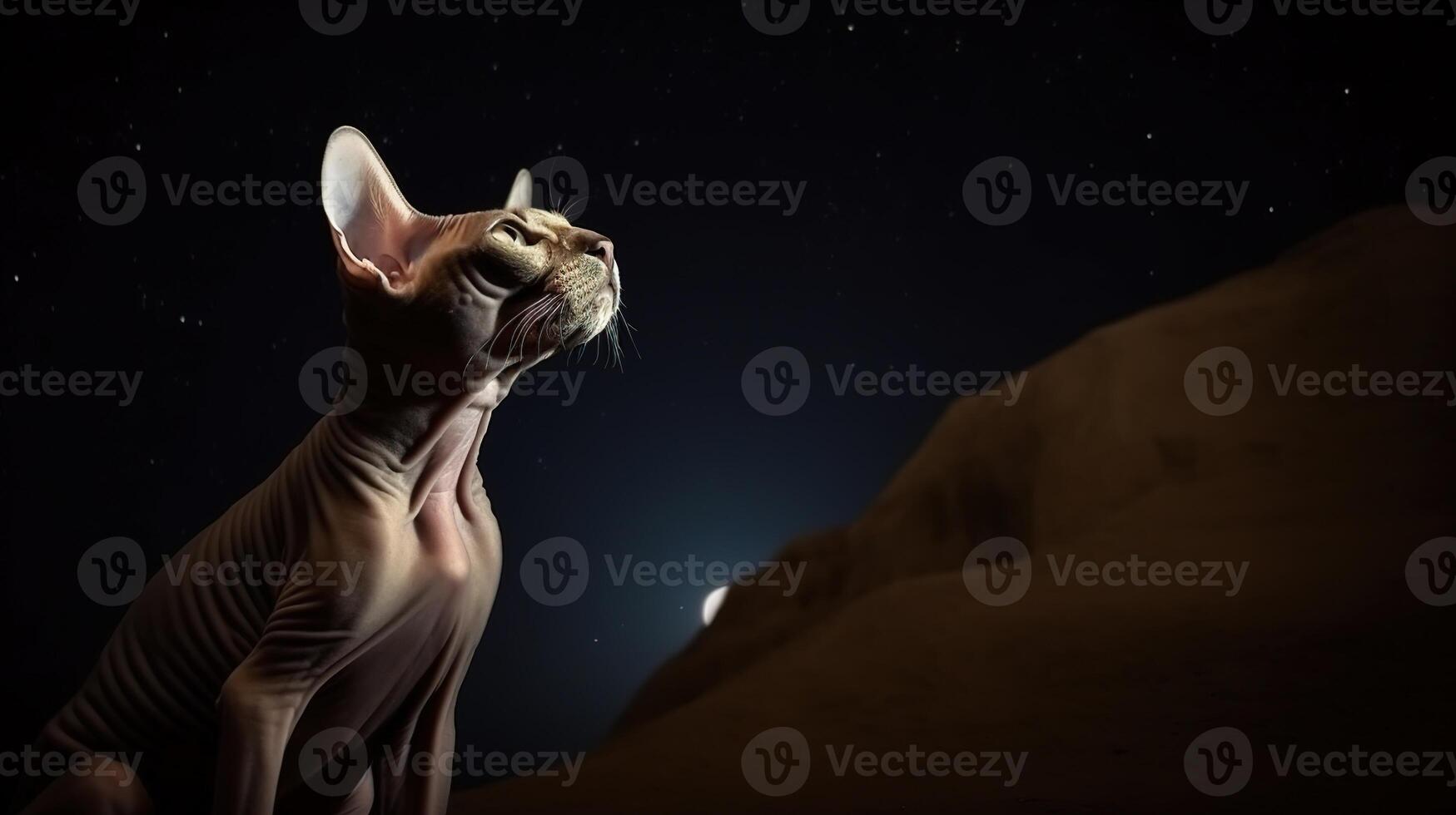 The Enchanting Sphinx Cat Gazing at the Mystical Moon and Starry Sky. photo