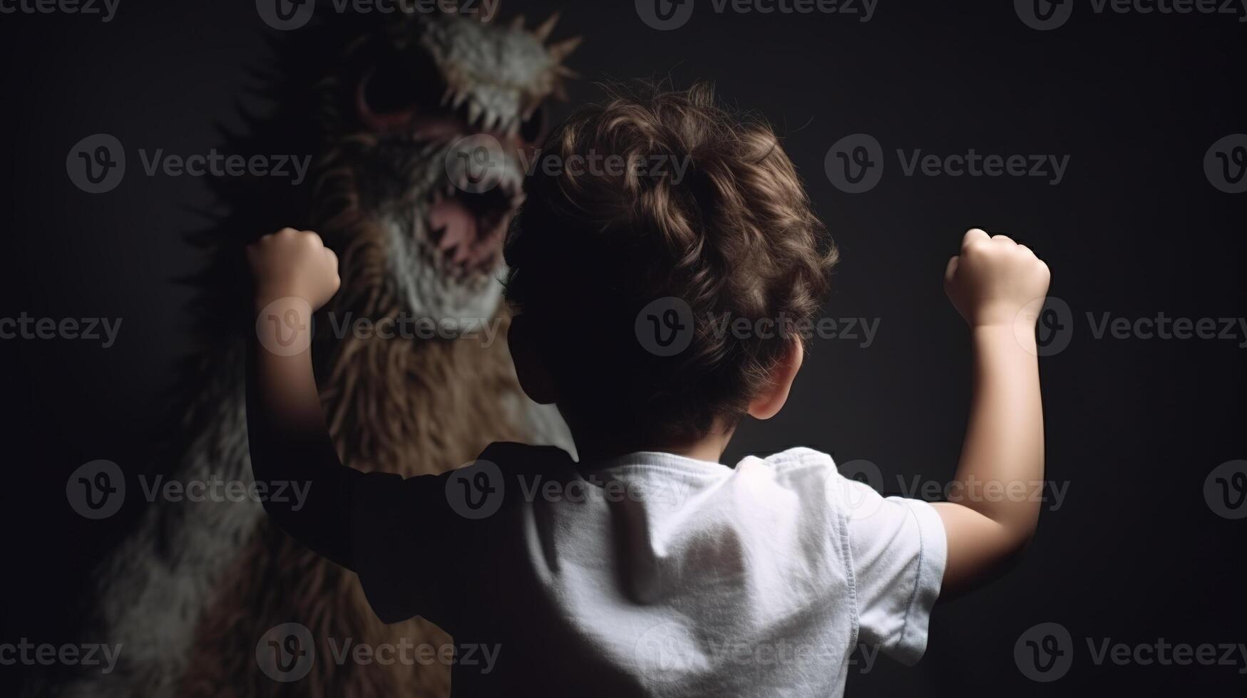 frente a miedos, valiente niño confronta pesadillas y imaginario monstruos generativo ai foto