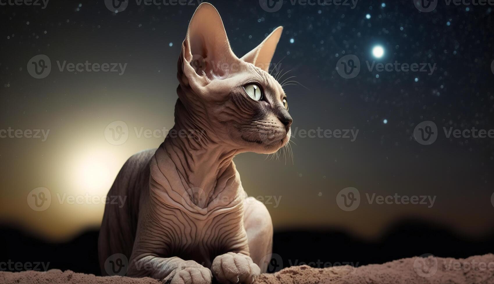 The Enchanting Sphinx Cat Gazing at the Mystical Moon and Starry Sky. photo