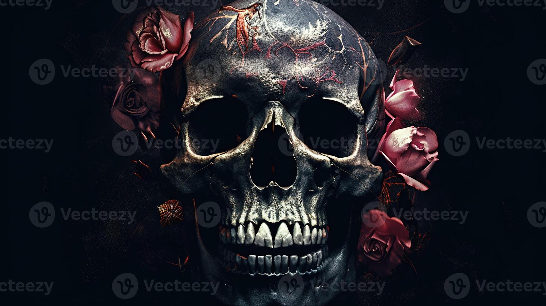 Skull with roses. Human Skull in Beautiful Flowers. Halloween images. Day of the Dead. photo