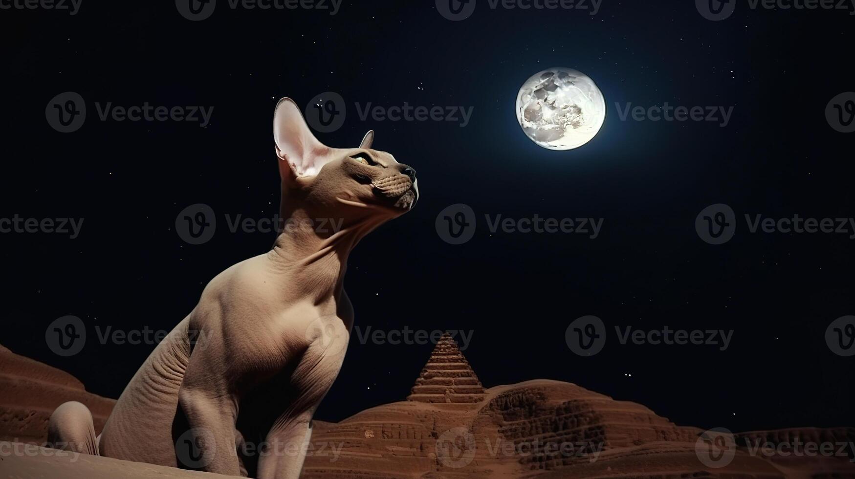 The Enchanting Sphinx Cat Gazing at the Mystical Moon and Starry Sky. photo