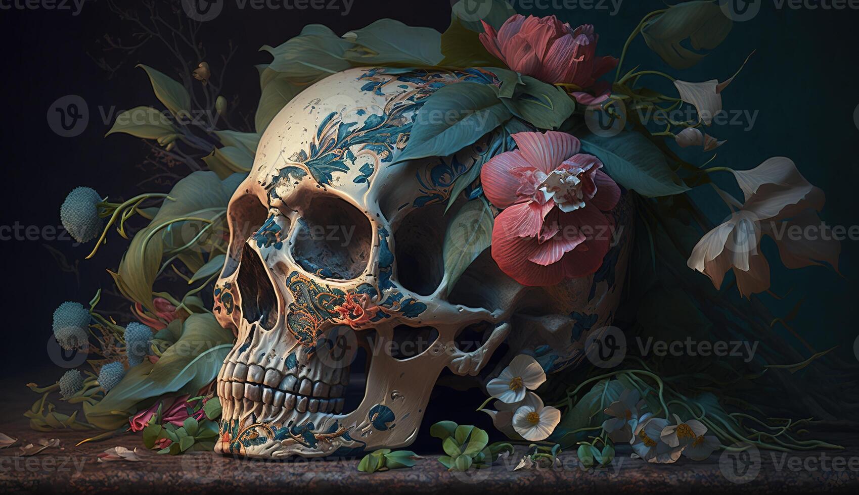 Skull with roses. Human Skull in Beautiful Flowers. Halloween images. Day of the Dead. photo