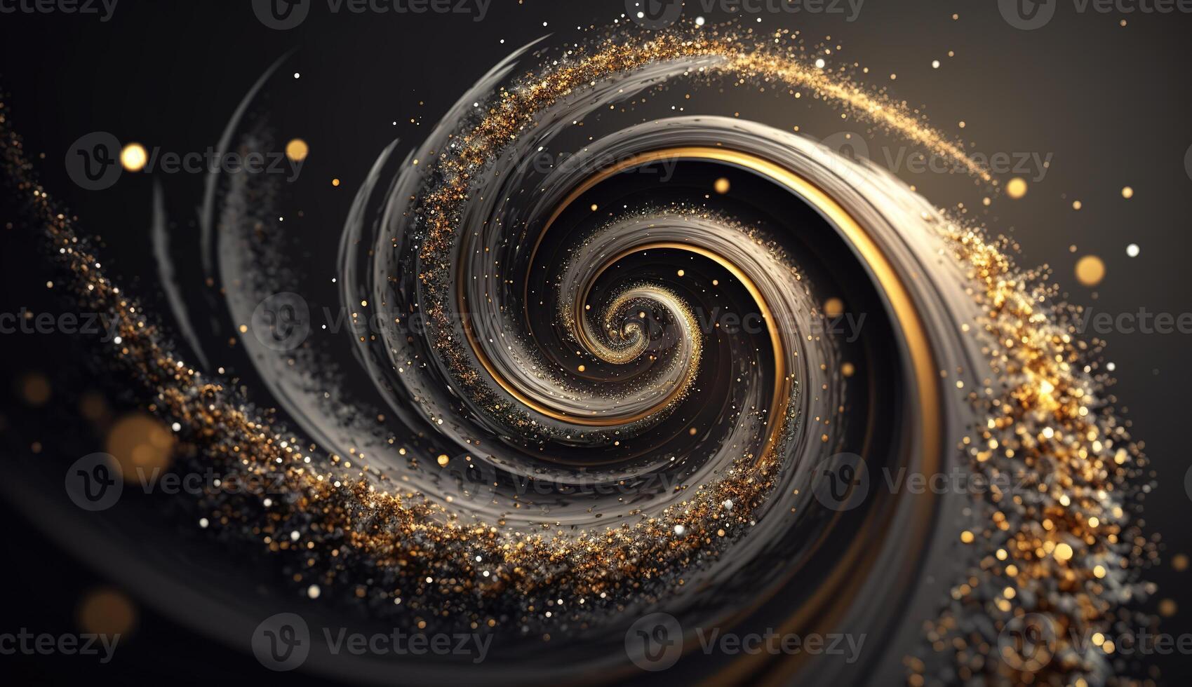 Explosion and swirl of gold sparkles background. photo