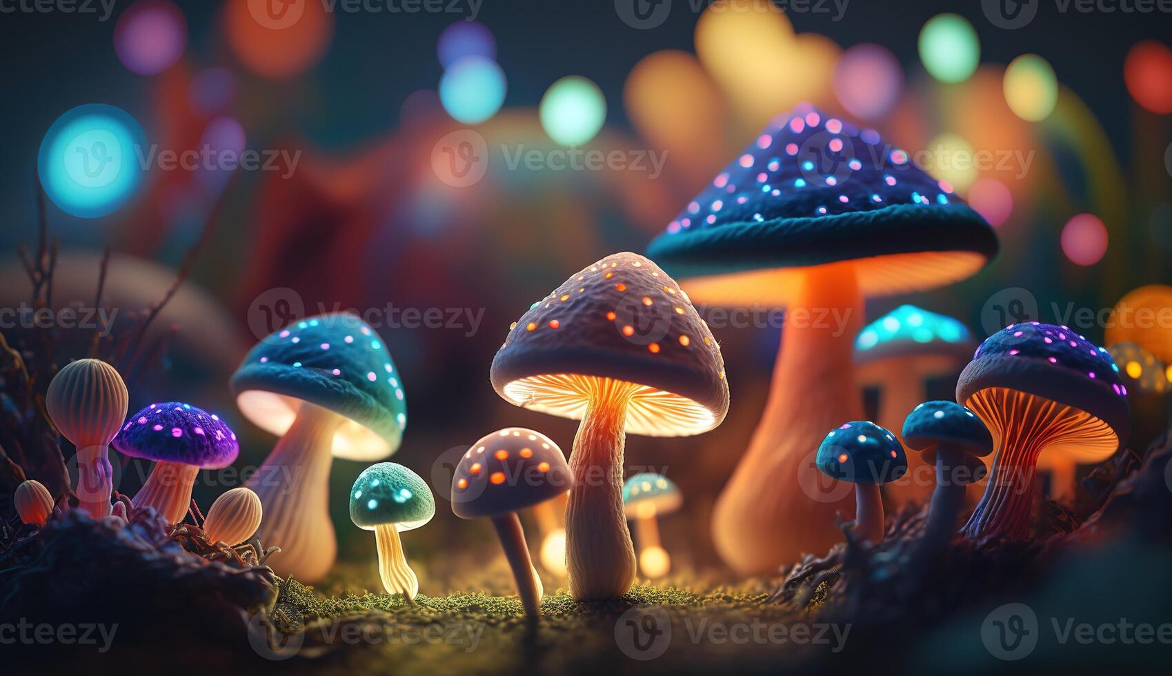 Luminous Colorful Mushrooms in a Psychedelic Space Fantasy. photo