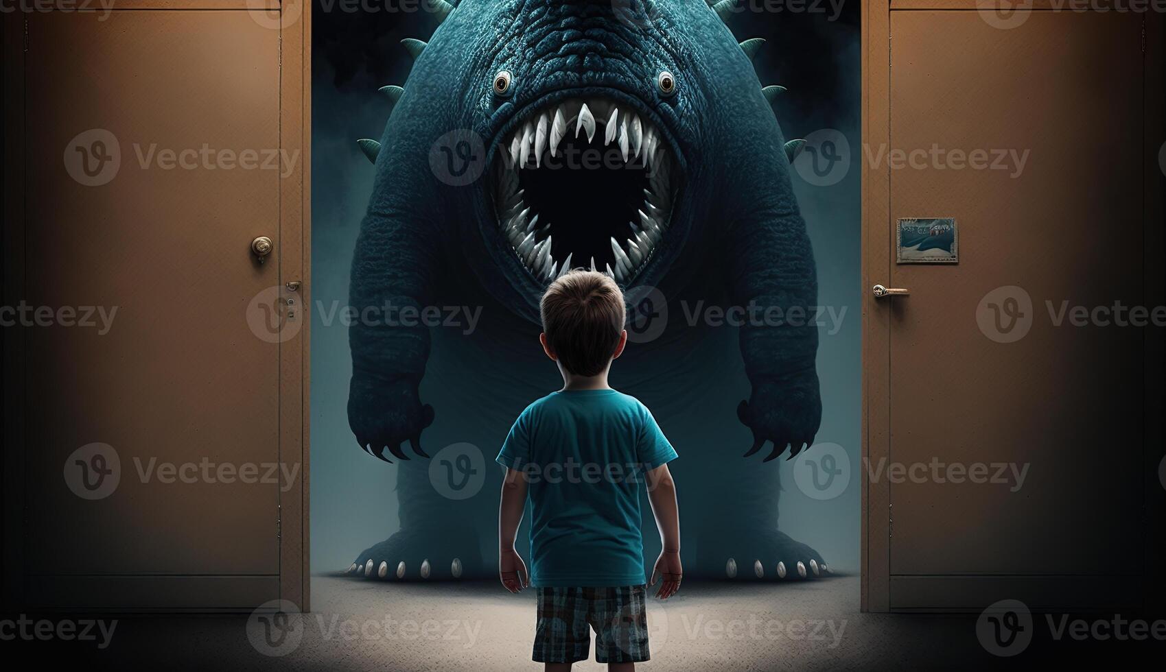 Facing Fears, Brave Kid Confronts Nightmares and Imaginary Monsters. photo
