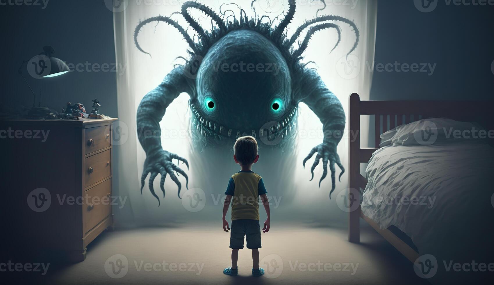 frente a miedos, valiente niño confronta pesadillas y imaginario monstruos generativo ai foto