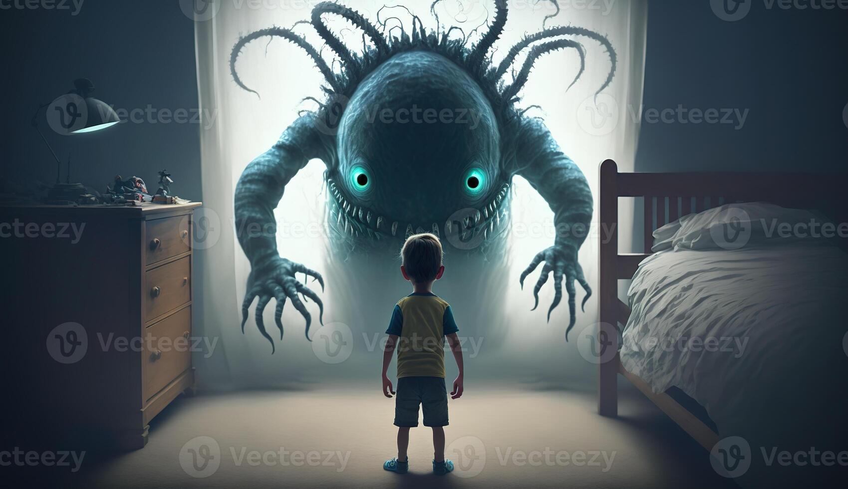 Facing Fears, Brave Kid Confronts Nightmares and Imaginary Monsters. photo