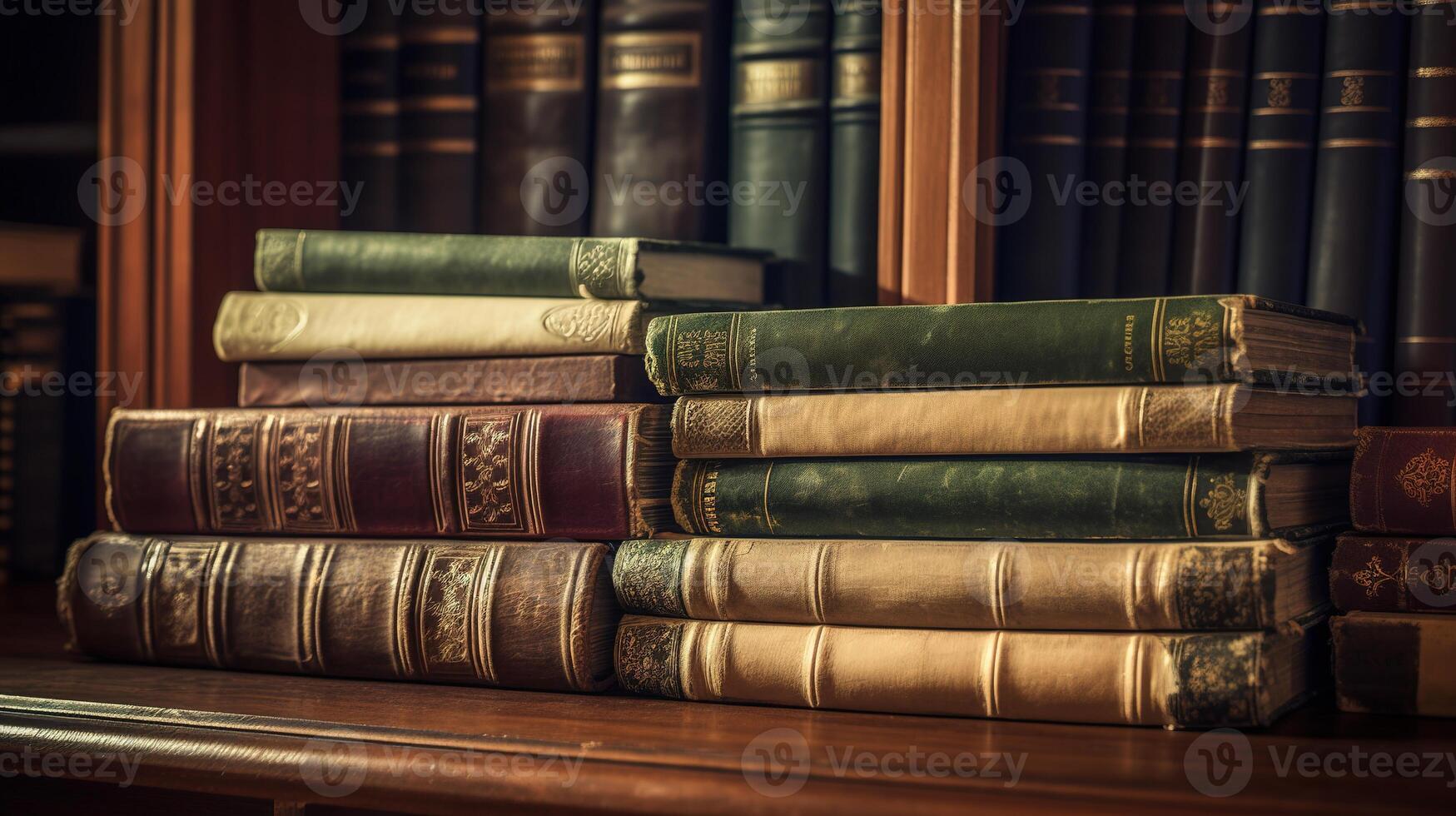 A Stack of Antique Leather Books in a Vintage Library. photo