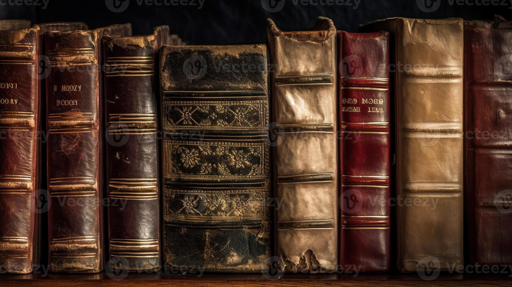 un apilar de antiguo cuero libros en un Clásico biblioteca. generativo ai foto