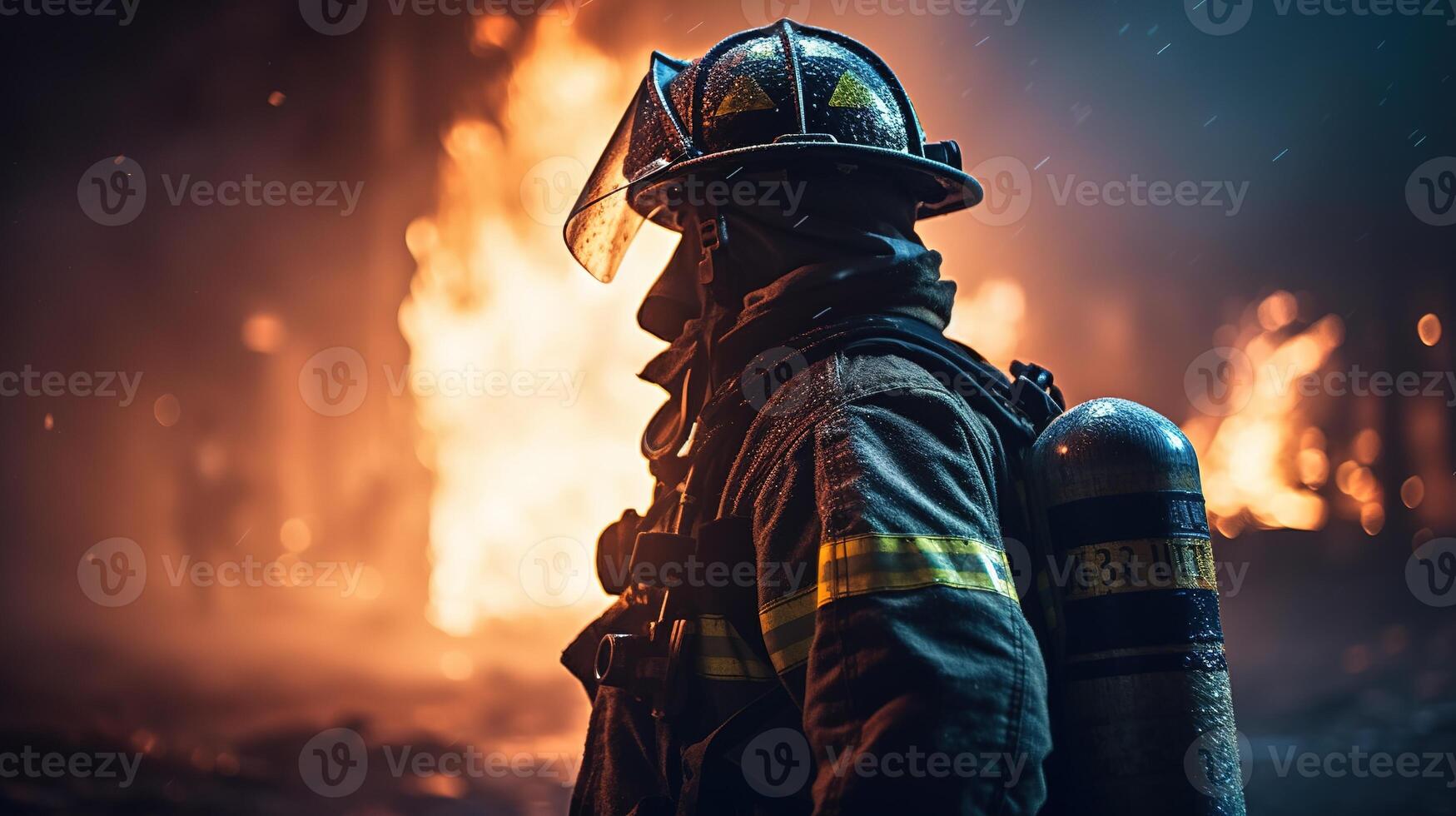 The Heroic Firefighter Battling an Epic Blaze. photo