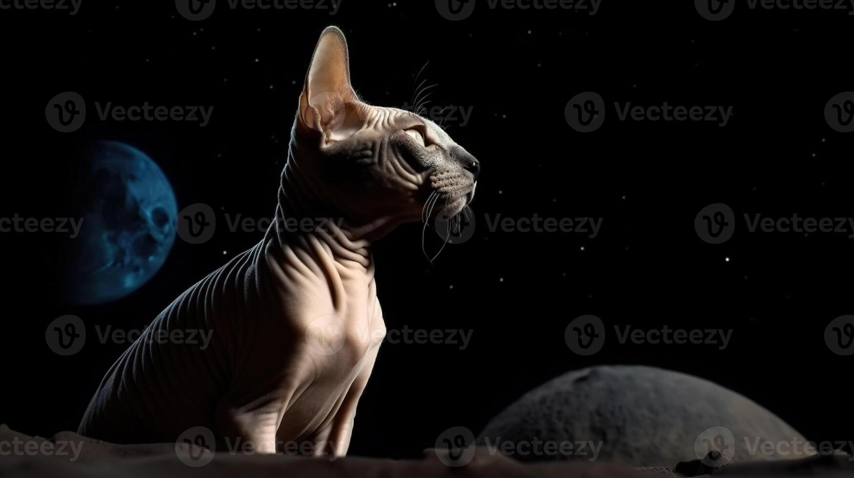 The Enchanting Sphinx Cat Gazing at the Mystical Moon and Starry Sky. photo