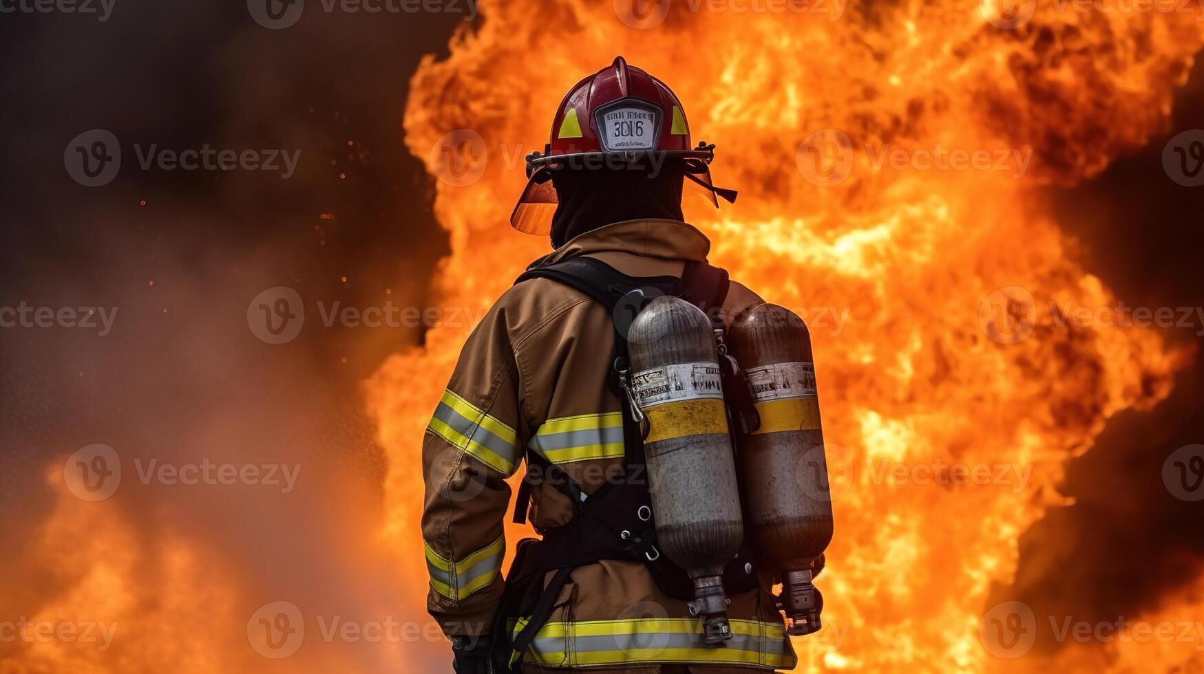 The Heroic Firefighter Battling an Epic Blaze. photo