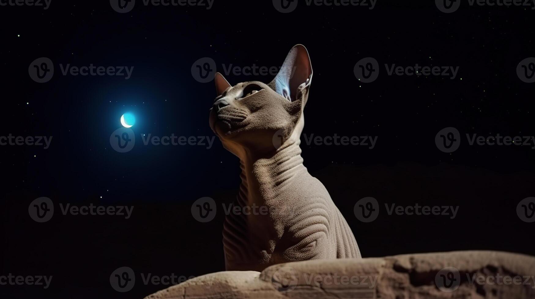 el encantador esfinge gato mirando a el místico Luna y estrellado cielo. generativo ai foto