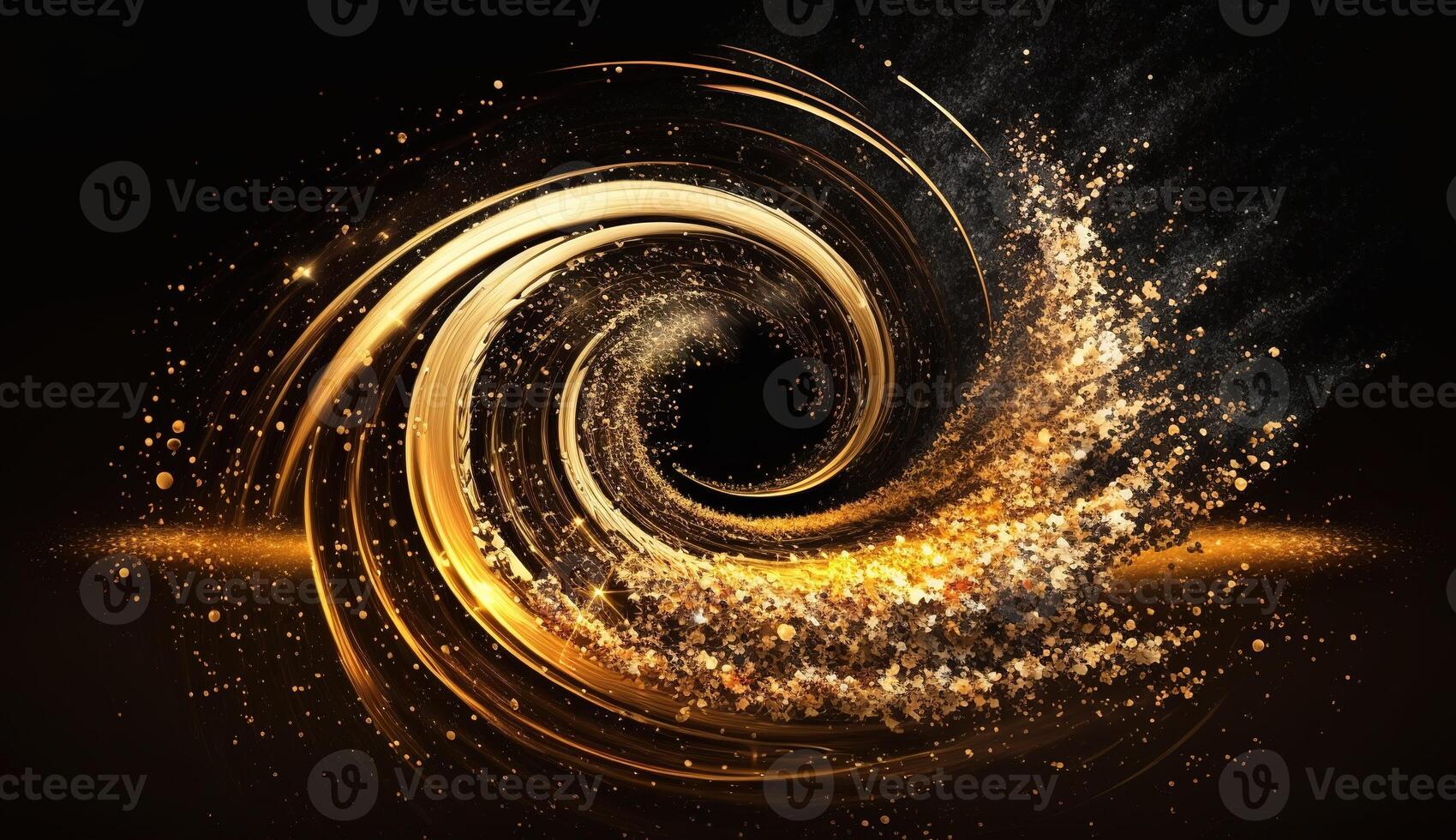 Explosion and swirl of gold sparkles background. photo