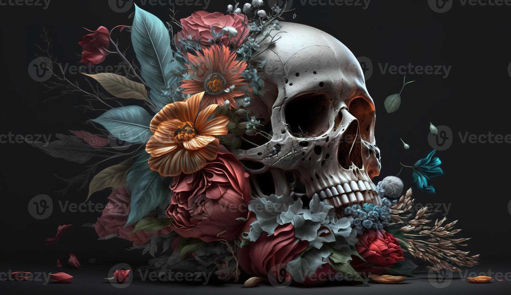 Skull with roses. Human Skull in Beautiful Flowers. Halloween images. Day of the Dead. photo