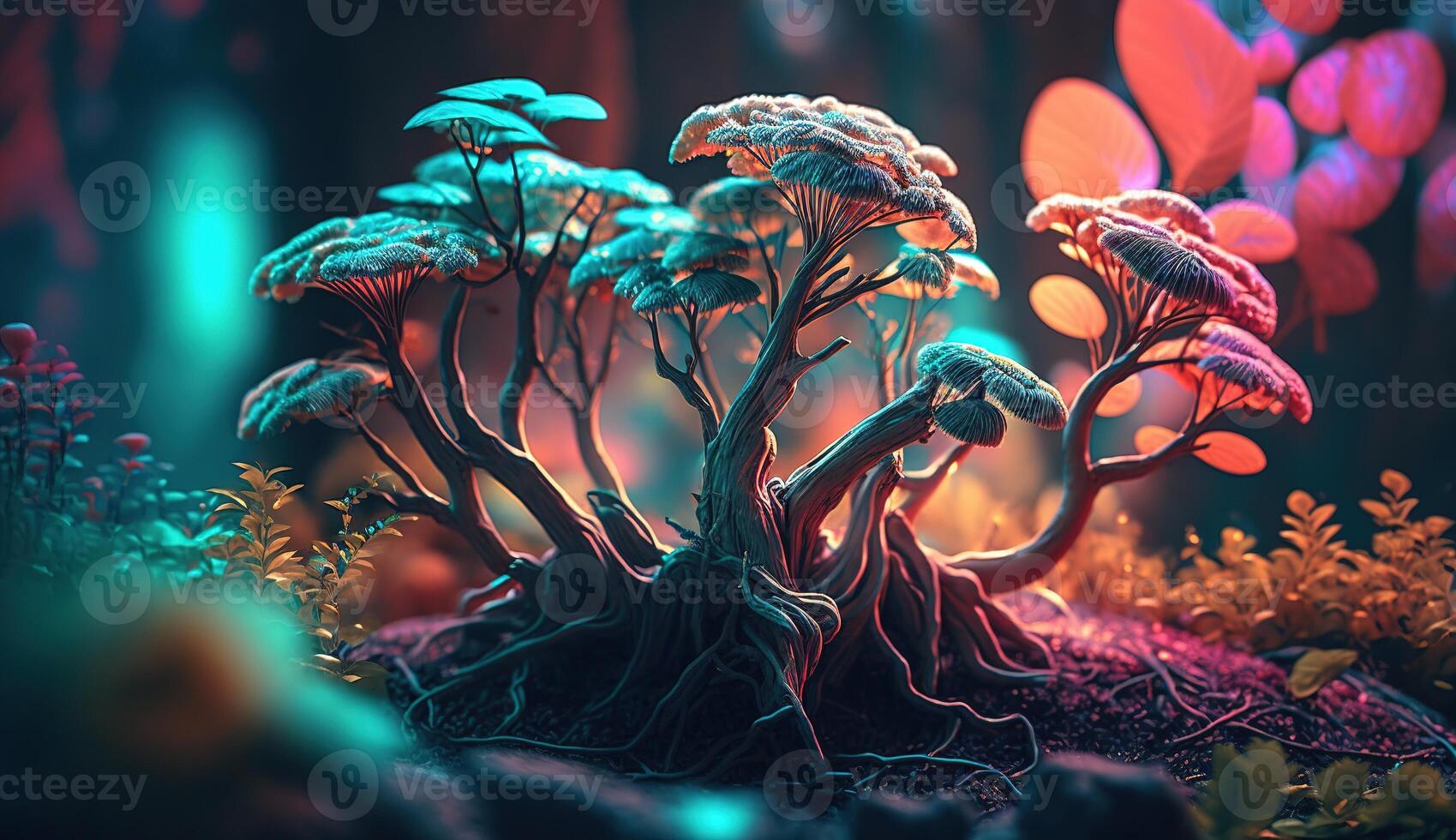 A Fantasy Forest with Glowing Trees and Luminescent Flowers. photo