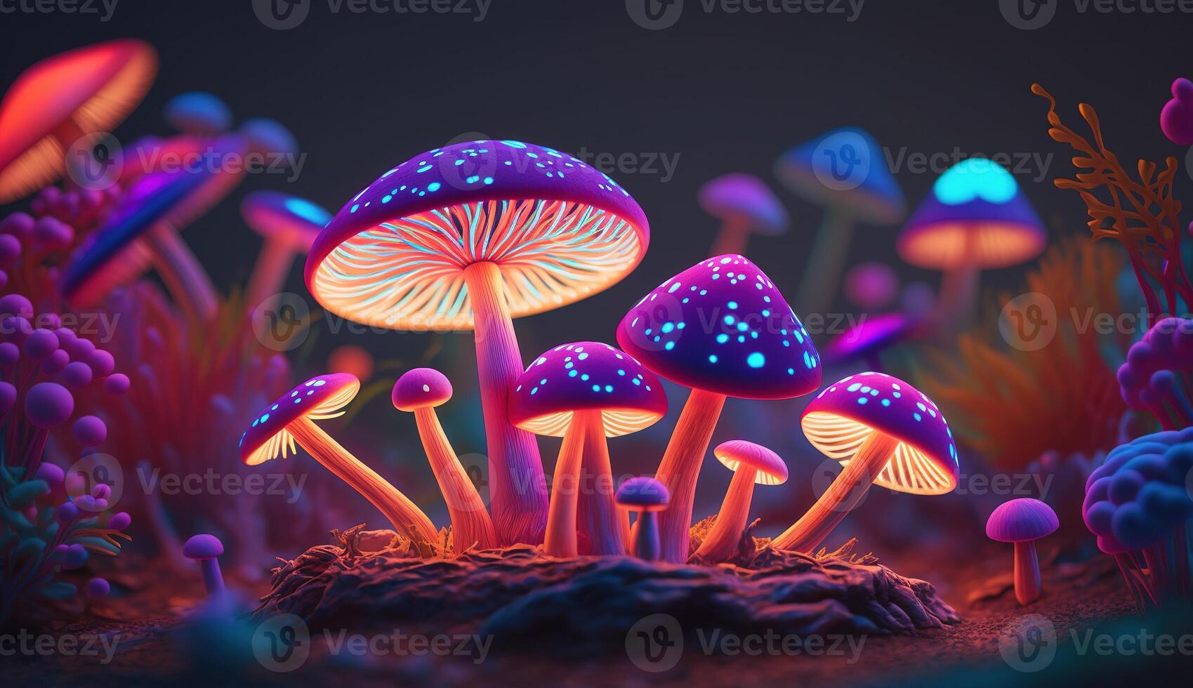 Luminous Colorful Mushrooms in a Psychedelic Space Fantasy. photo
