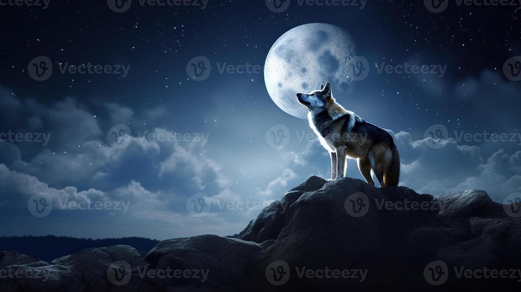 Majestic Wolf Gazing at the Moonlit Sky. photo