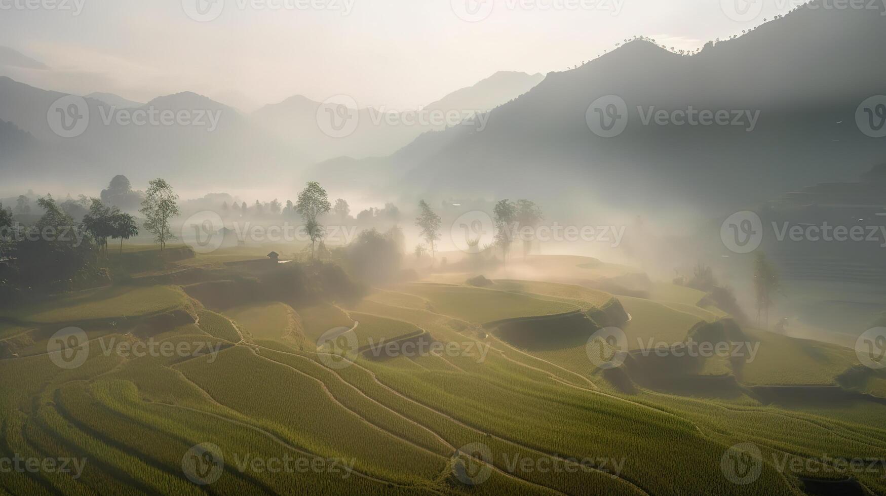 Majestic Mountains and Misty Paddy Fields. photo