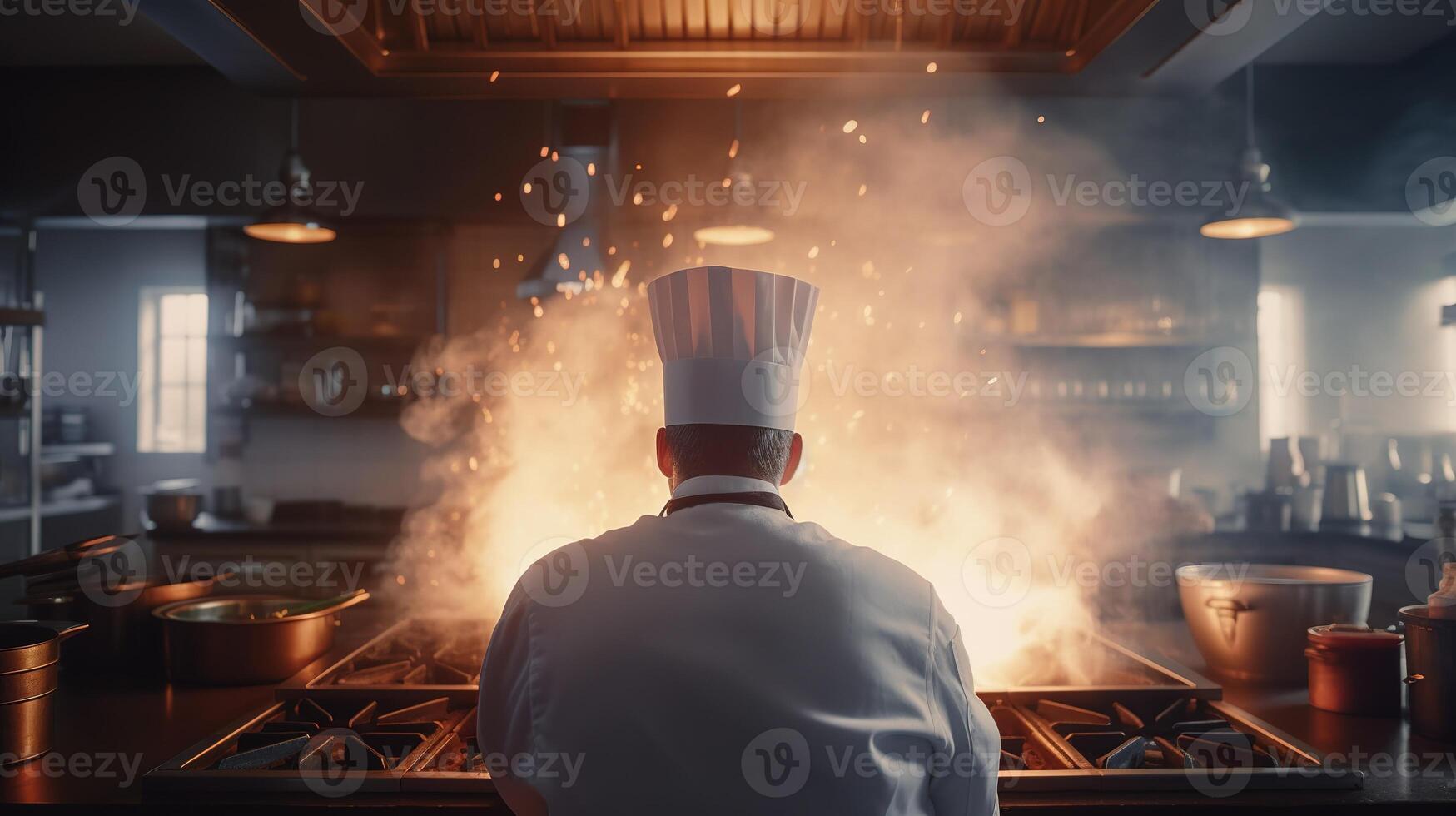 el Maestro cocinero en acción, creando culinario magia en medio de fumar y llamas en el restaurante cocina. generativo ai foto