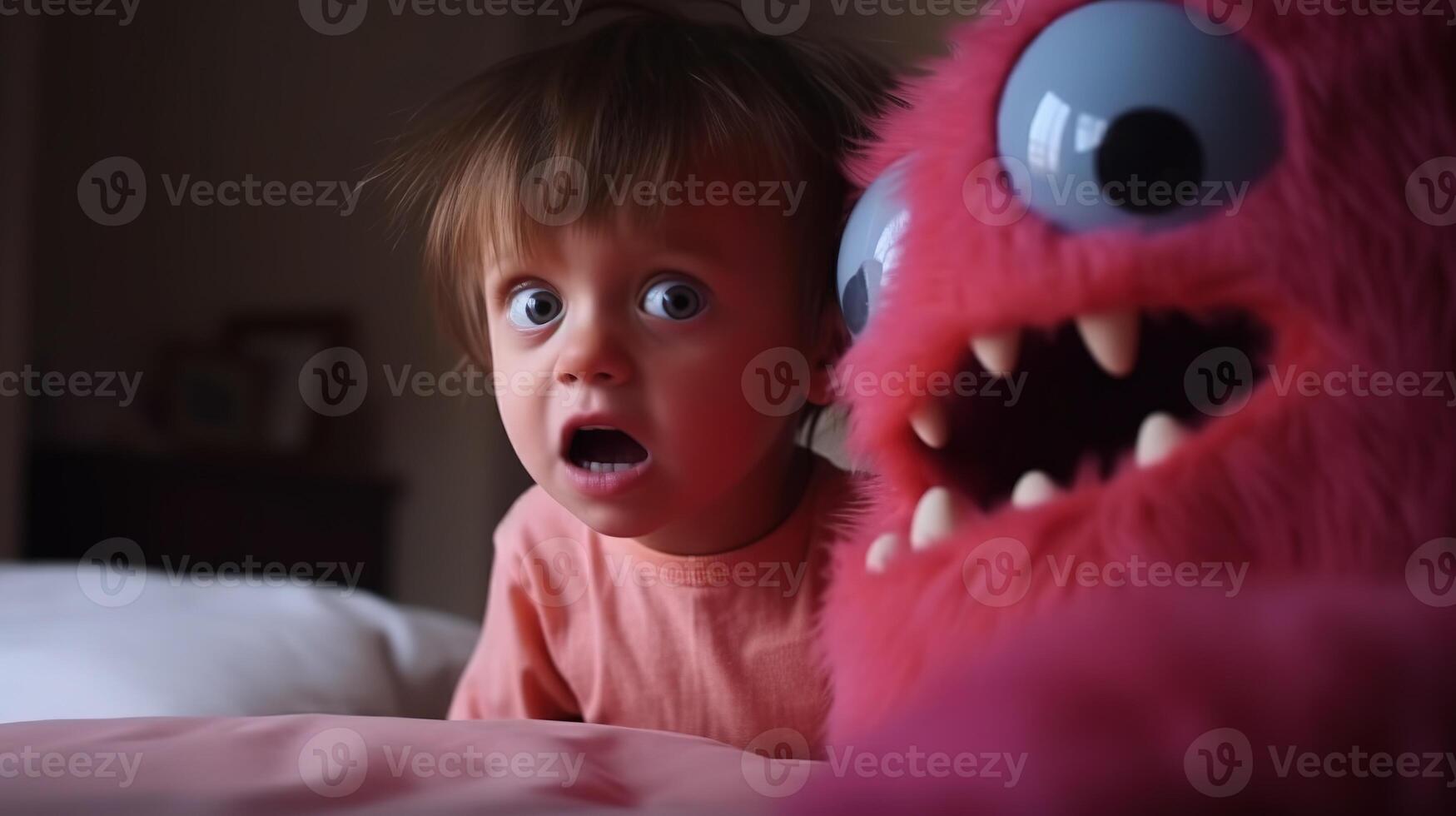 Facing Fears, Brave Kid Confronts Nightmares and Imaginary Monsters. photo