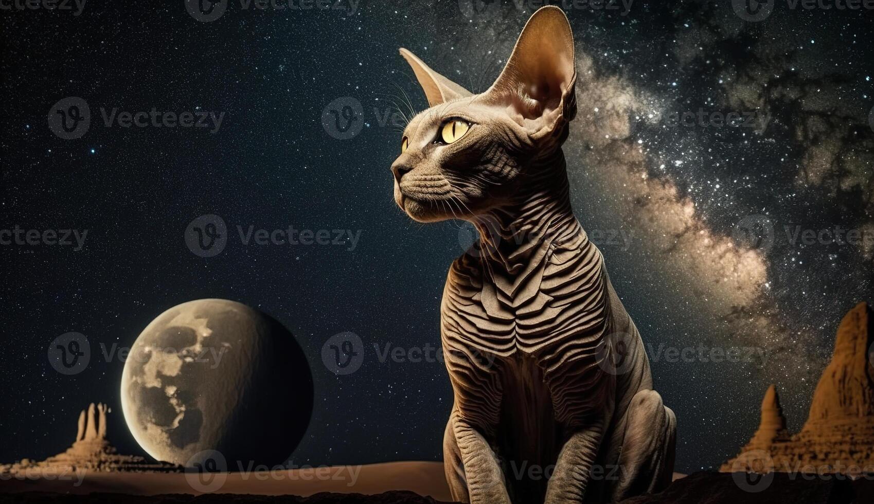 The Enchanting Sphinx Cat Gazing at the Mystical Moon and Starry Sky. photo