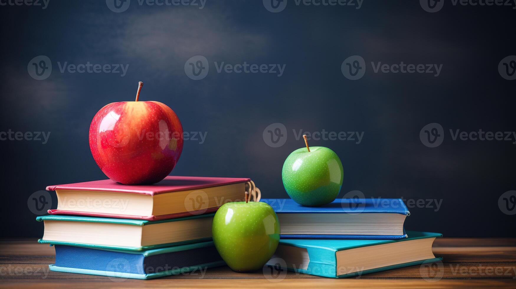 Books Stacked on a Wooden Desk in Preparation for Back to School Season. photo