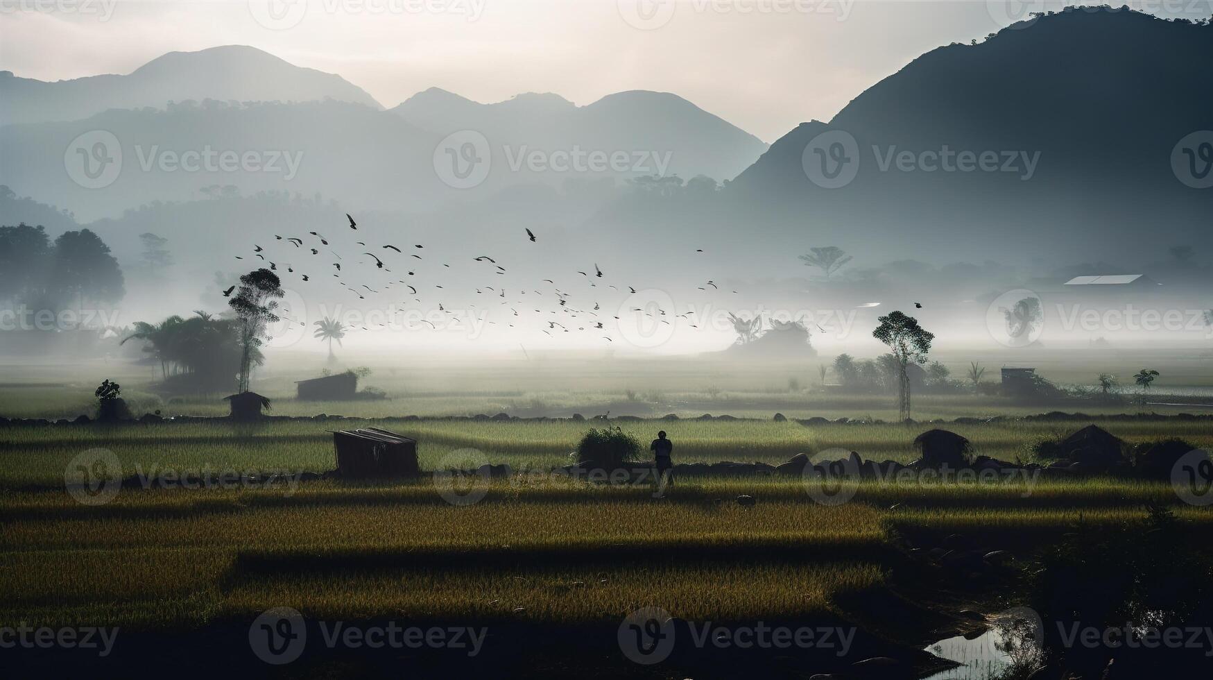 Majestic Mountains and Misty Paddy Fields. photo