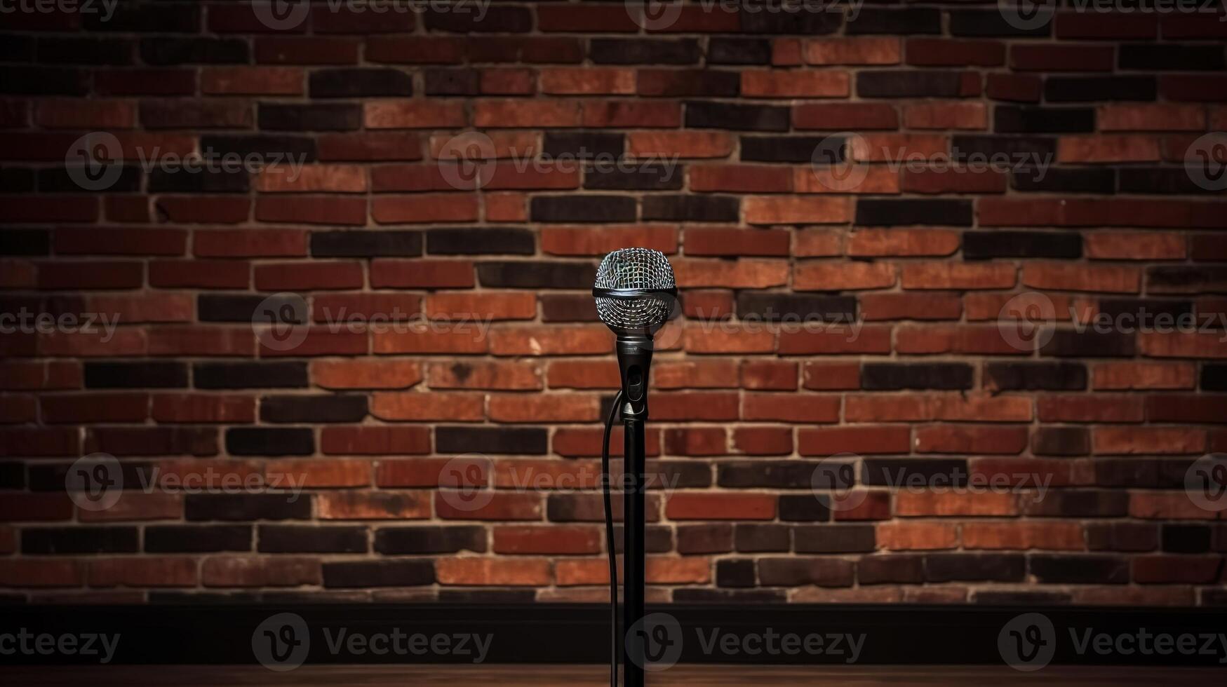 Live on Stage, Microphone and Brick Wall. photo