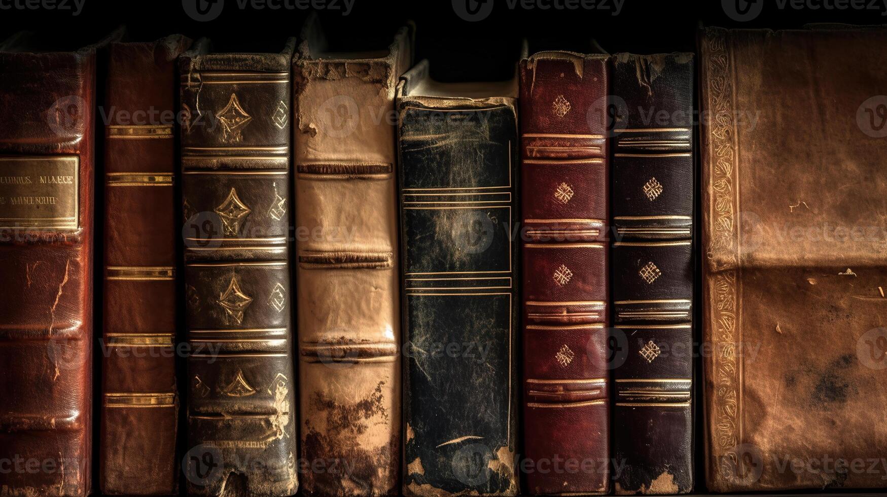 A Stack of Antique Leather Books in a Vintage Library. photo