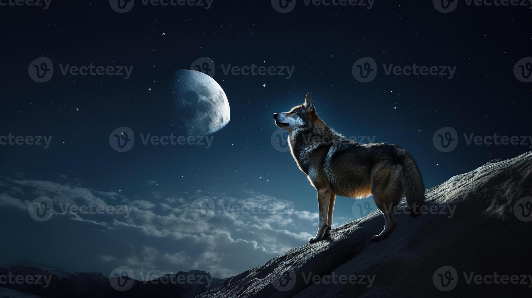 Majestic Wolf Gazing at the Moonlit Sky. photo