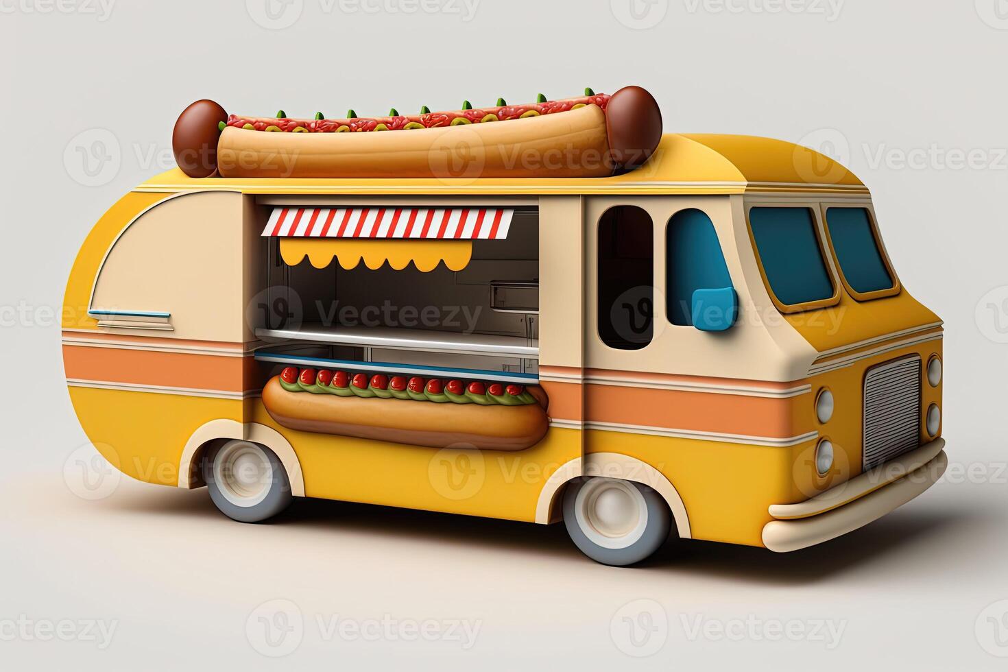 3D Hot Dog Delivery. Fast food hot dog truck. Mascot hot dog car design. Logotype for restaurant or cafe. Street food festival symbol with hot dog in cartoon style. photo