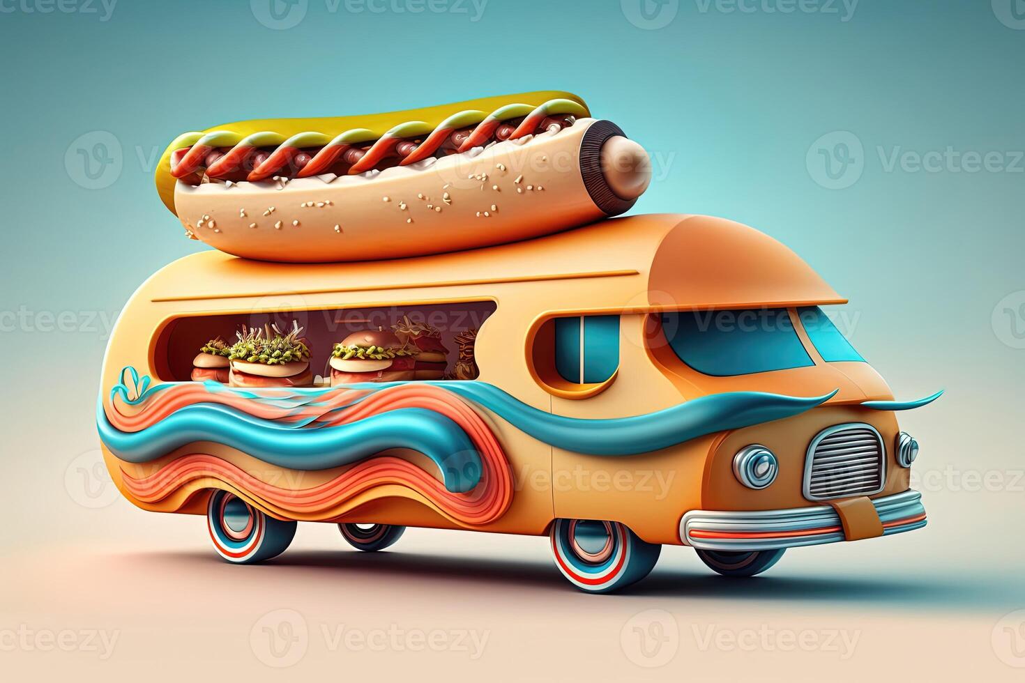 3D Hot Dog Delivery. Fast food hot dog car. Mascot hot dog speed car design. Logotype for restaurant or cafe. Street food festival symbol with hot dog in cartoon style. photo