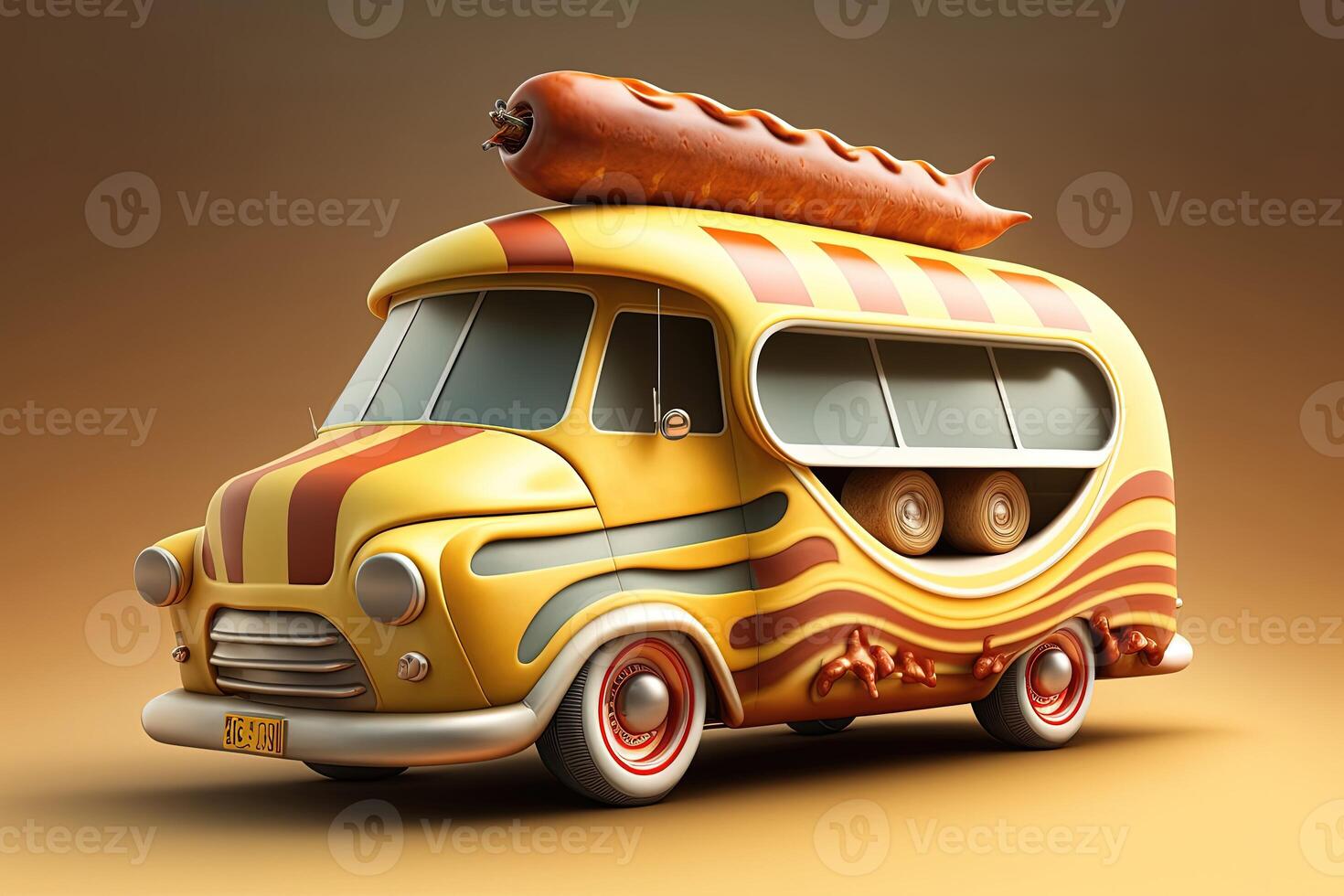 3D Hot Dog Delivery. Fast food hot dog car. Mascot hot dog car design. Logotype for restaurant or cafe. Street food festival symbol with hot dog in cartoon style. photo