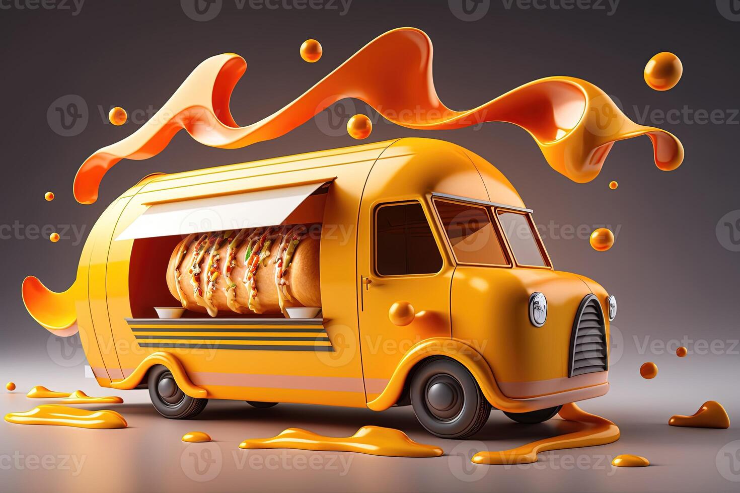 3D Hot Dog Delivery. Fast food hot dog truck. Mascot hot dog speed car design. Logotype for restaurant or cafe. Street food festival symbol with hot dog in cartoon style. photo