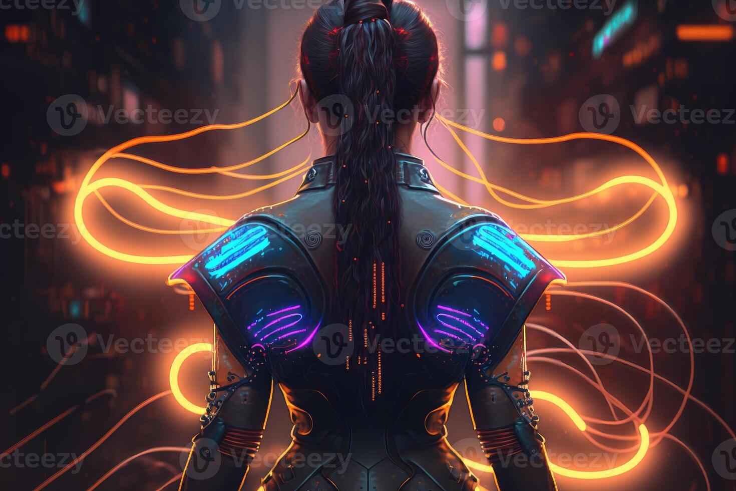 Futuristic Sci-fi cyberpunk cyborg woman with neon lights photo