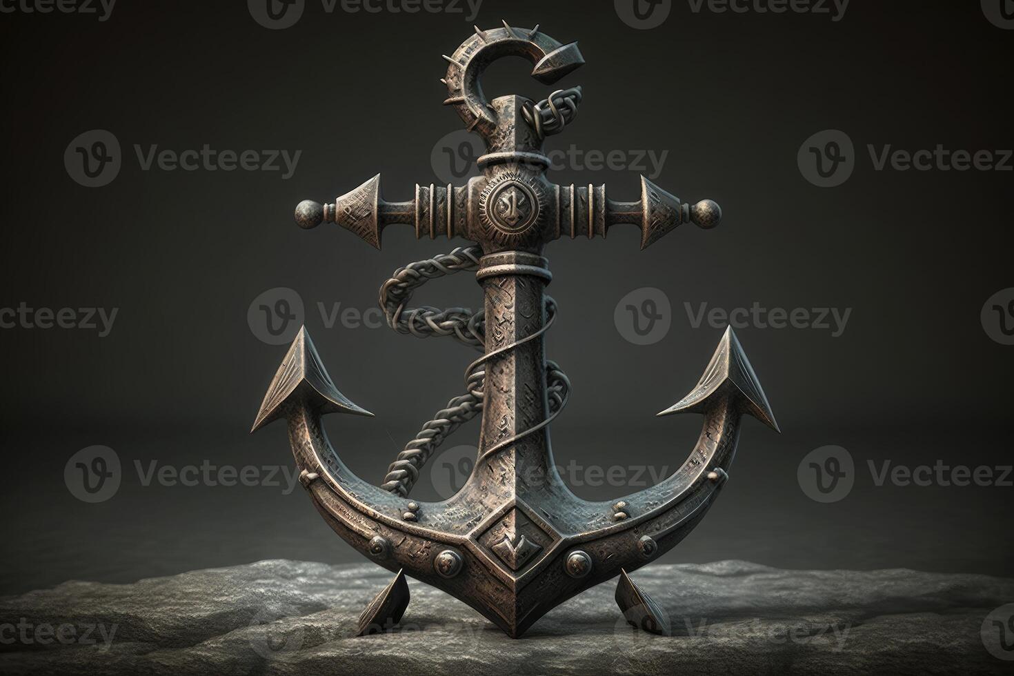 3D Ancient metal anchor. Dark tone front straight view. photo